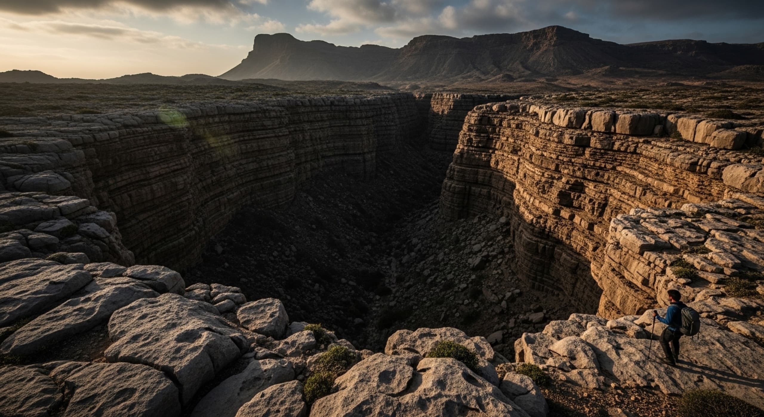 A lone hiker on the edge of a deep, layered-rock gorge at golden hour