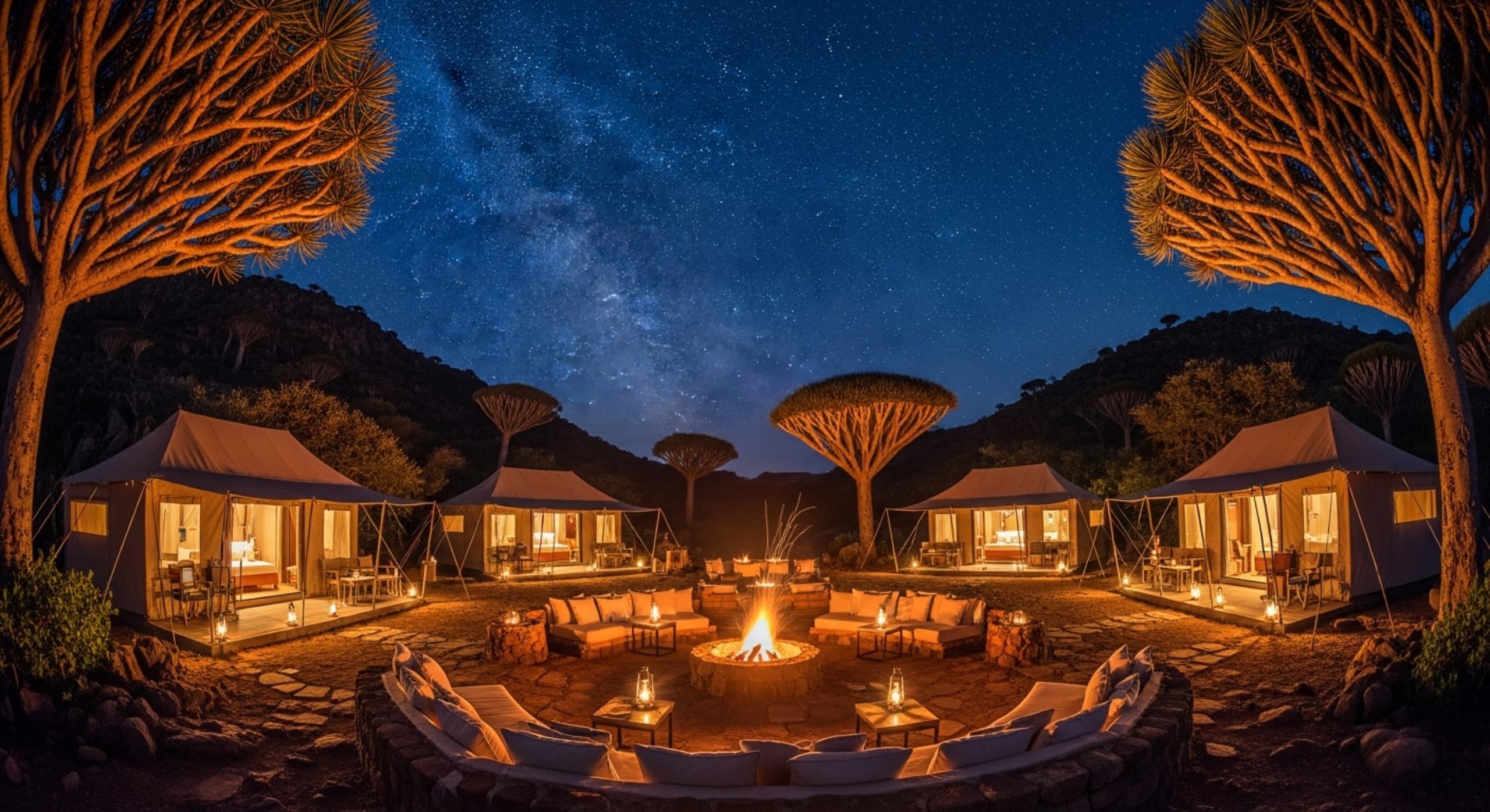 A tented camp lit by firelight beneath the Milky Way and dragon's blood trees