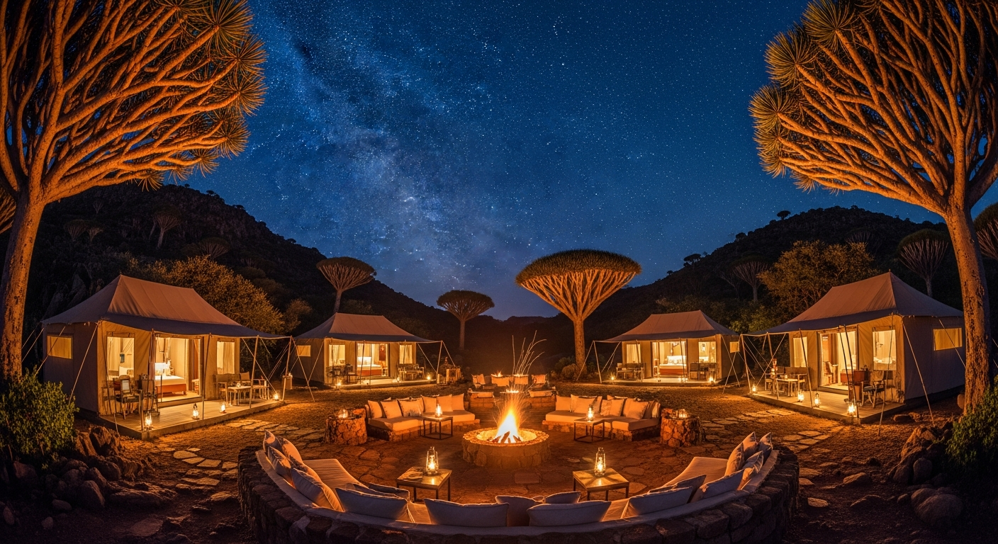 A Socotra expedition camp at dusk